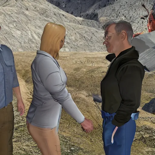 Prompt: gordon meets dr. judith mossman for the first time and is reunited with former black mesa scientist and current resistance leader, eli vance, along with alyx.