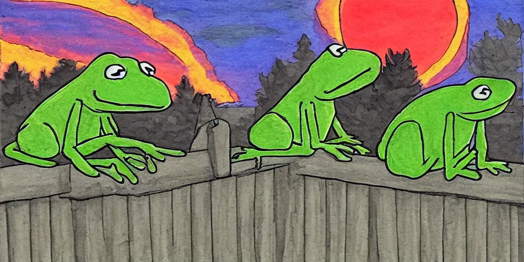 Prompt: Kermit the frog watching a nice sunset from his front porch, over the shoulder in the style of Roz Chast