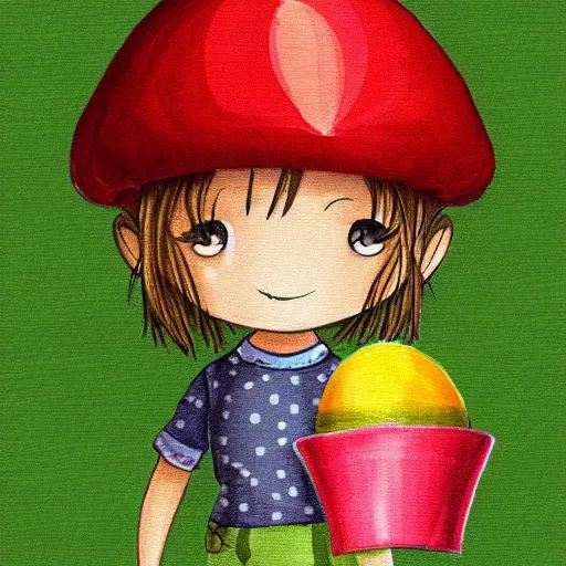 Prompt: little girl with a mushroom hat, cute artwork, clean detailed