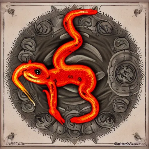 Image similar to cute salamander, fire om back, pet, mythical creature, digital art