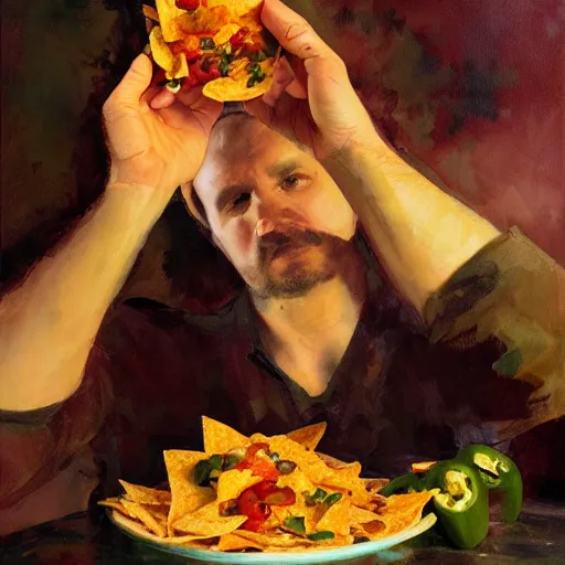 Image similar to portrait nachos with cheese and jalapeno, white background, detailed painting, epic lighting, by ilya repin, phil hale and kent williams