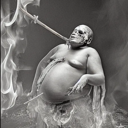 Prompt: a photorealistic of a terrible horrific shaman in a ritual of fire destruction death and incense, a strong pain appears in the belly and goes into a trance