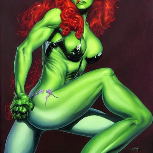 Prompt: poison ivy from batman, painting by Julie Bell