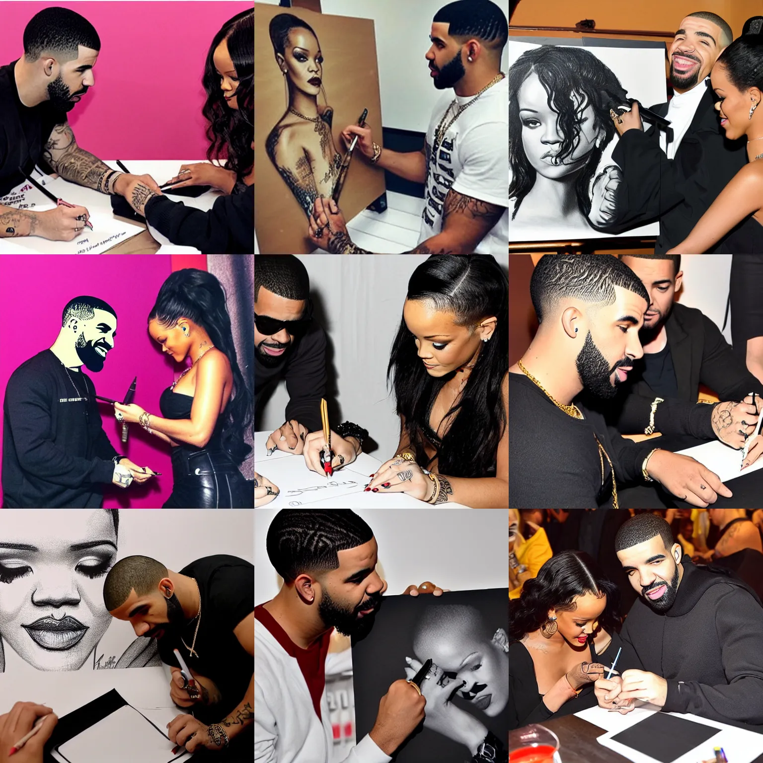 Prompt: drake drawing a picture of rihanna