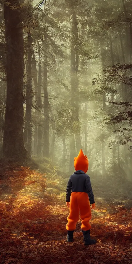 Image similar to a boy in an orange fox outfit but you can see his face, sunny day in the forrest, moody , lovecraft, giger, ridley scott, zack snyder, Fenghua Zhong, realistic cinematic lighting, establishing action shot, ultra detailed, hyper realism, photo, octane render.