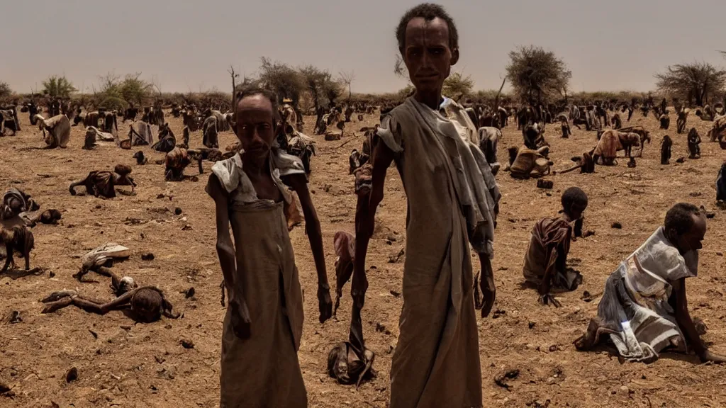 Image similar to 1984 Ethiopian famine and drought as seen in Western TV, moody, dark, movie scene, depth of field, hd, 4k