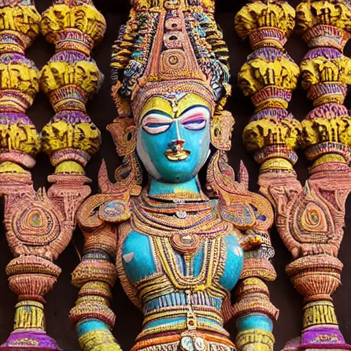 Image similar to a woman wearing an armor and headdress. the armor and headdress is made out of the colors, textures and sculptures of the meenakshi temple in madurai. intricate. detailed.