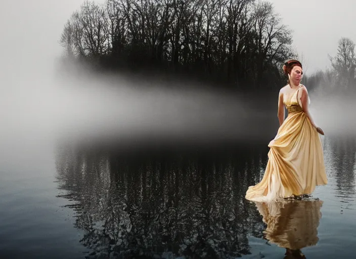 Image similar to a 2 8 mm holga photo of a woman in a formal gown emerging from a lake, misty, morning, splash art, movie still, bokeh, canon 5 0 mm, cinematic lighting, dramatic, film, photography, golden hour, depth of field, award - winning, anamorphic lens flare, 8 k, hyper detailed, 3 5 mm film grain