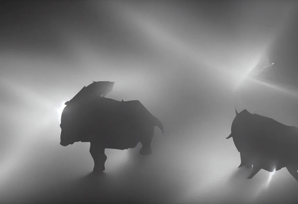 Image similar to light coming out of a bull - like kaiju starfish monster, korean film noir, fog, 4 k, video compression, video glitch, monochrome, orson welles