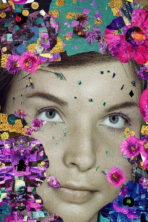 Prompt: glitch abstraction made from collage of female medieval faces mixed with flowers