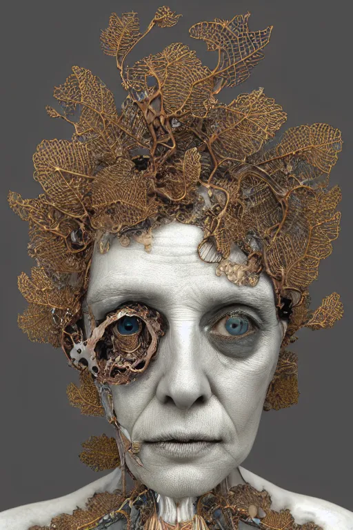 Prompt: complex 3d render ultra detailed of a beautiful broken porcelain old woman face, rusty biomechanical cyborg, analog, 150 mm lens, beautiful natural soft rim light, big leaves and stems, roots, fine foliage lace, turquoise gold details, Alexander Mcqueen high fashion haute couture, art nouveau fashion embroidered, intricate details, mesh wire, mandelbrot fractal, anatomical, facial muscles, cable wires, elegant, hyper realistic, in front of dark flower pattern wallpaper, ultra detailed, octane render, volumetric lighting, 8k post-production