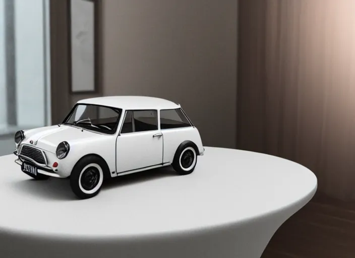 Prompt: a small miniature of a Mini Cooper S 1963 on a white table near a vase with a plant, 3d render, octane render, unreal engine 5, path tracing, serene landscape, calm, relaxing, beautiful landscape, highly detailed, high quality, 4k, symmetrical, low contrast