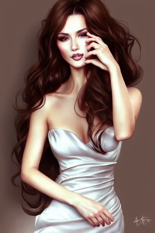 Image similar to Portait of a very very attractive woman with large brown hair in silk white dress, smirking face, femme fatale vibes, intricate, elegant, fantasy, smooth, art by artgerm