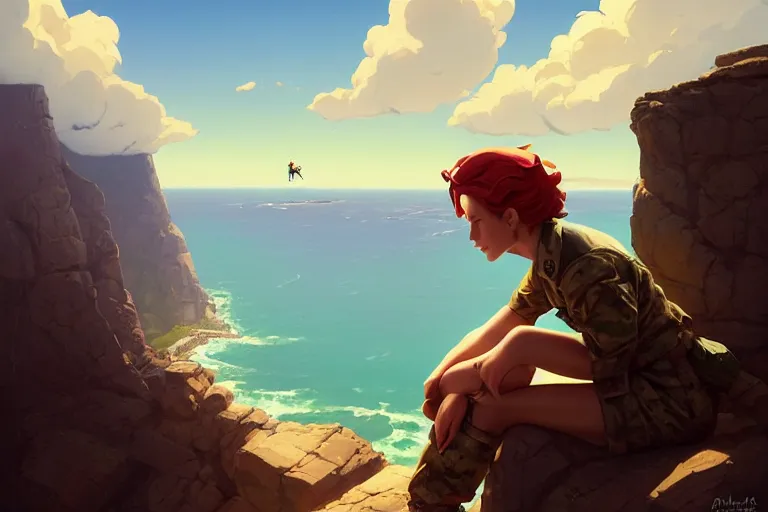 Prompt: a painting of a military woman sitting on a cliff, smoking a cigarette, a character portrait by rhads, makoto shinkai and lois van baarle, ilya kuvshinov, rossdraws global illumination and tom bagshaw, cg society, fantastic realism, intricate, detailed