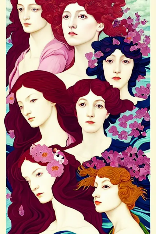 Image similar to 3 Spring Muses symbolically representing March, April, and May, in a style blending Æon Flux, Peter Chung, Shepard Fairey, Botticelli, Ivan Bolivian, and John Singer Sargent, inspired by pre-raphaelite paintings, shoujo manga, and cool Japanese street fashion, dramatically blossoming flora and fauna, petals falling everywhere, pastel vivid triad colors, hyper detailed, super fine inking lines, ethereal and otherworldly, 4K extremely photorealistic, Arnold render