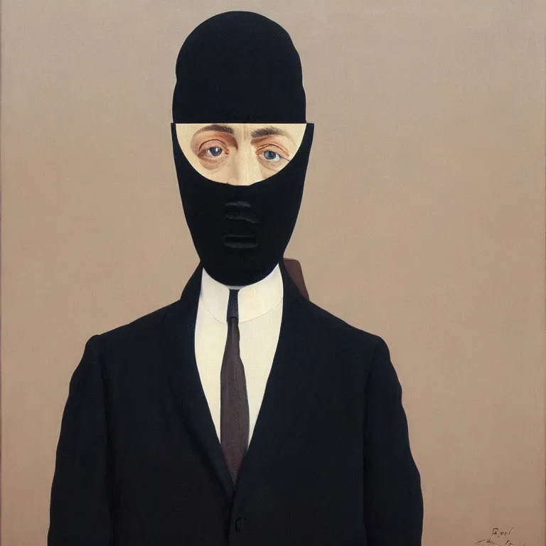 Image similar to portrait of a faceless hooded man in a suit by rene magritte, detailed painting, distance, centered, hd, hq, high resolution, high detail, 4 k, 8 k