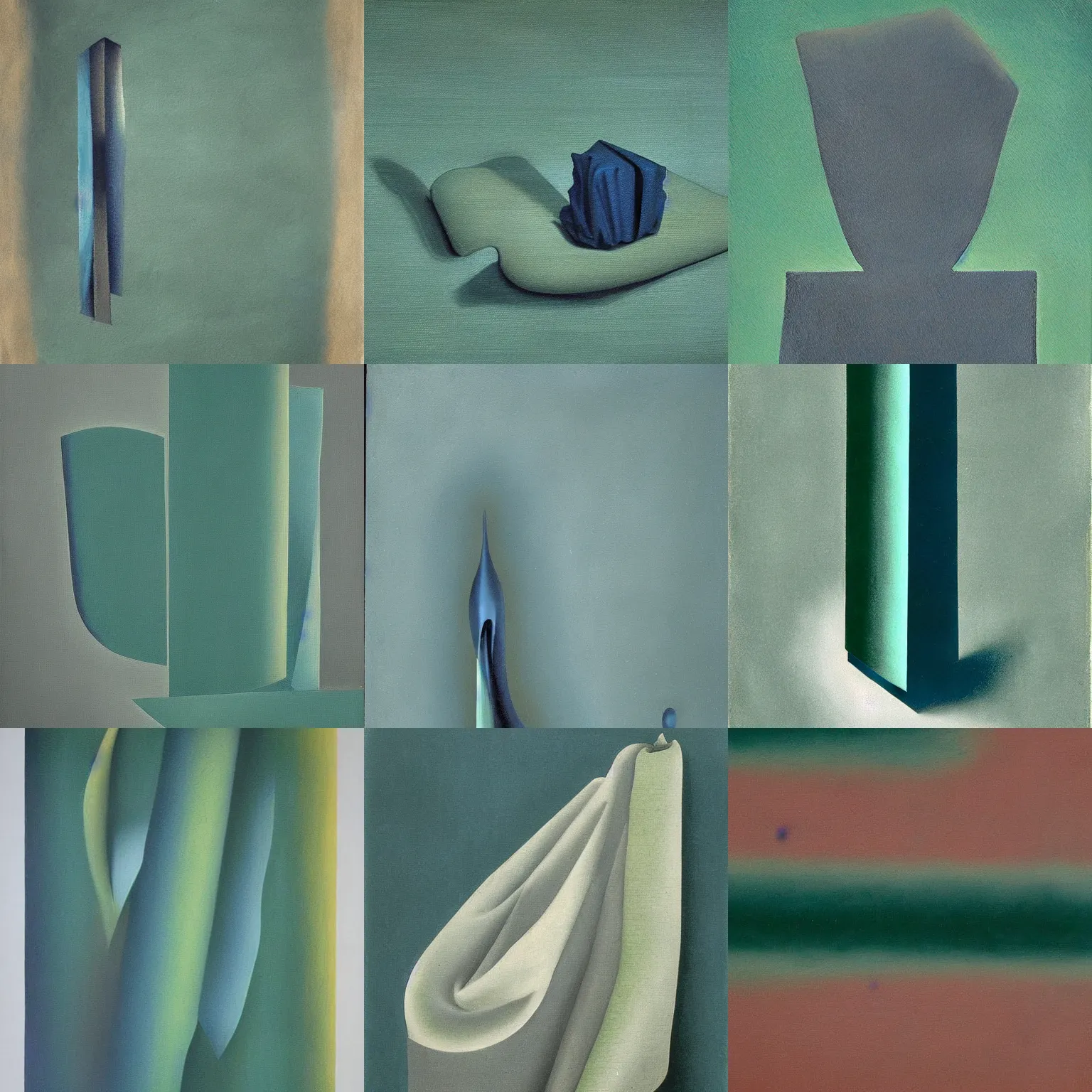 Prompt: a surrealist painting of an abstract gray newspaper roll in a dark green and blue gradient background. painting Kay Sage and Salvador Dali. shallow depth of field