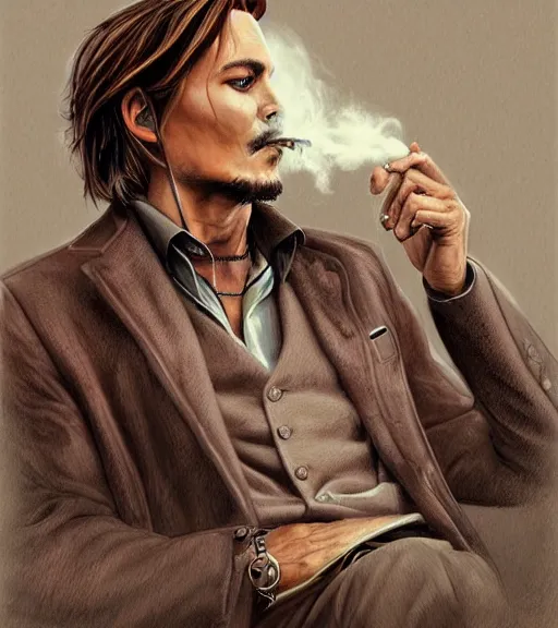 Prompt: Portrait of Johny Depp drinking coffee, in the park, charchoal drawing, dimly lit, wispy smoke, intricate, highly detailed, digital painting, artstation, concept art, sharp focus, illustration, art by einar jonsson