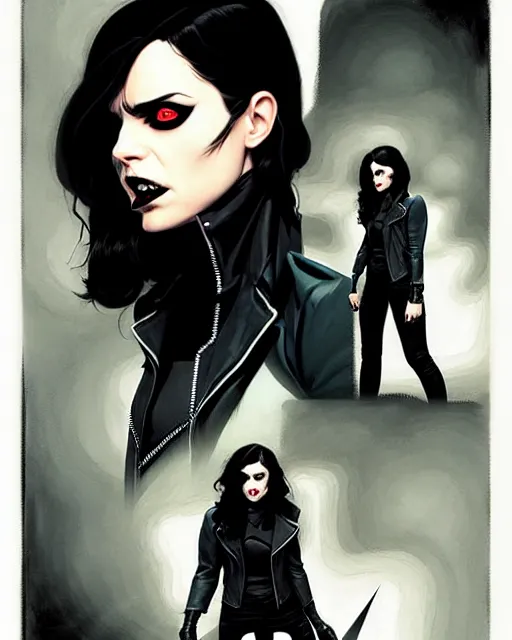 Image similar to rafael albuquerque comic art, peter mohrbacher, phil noto, steve niles, artgerm, pretty willa holland vampire sharp vampire teeth open mouth, symmetrical eyes, black leather jacket, jeans, long black hair