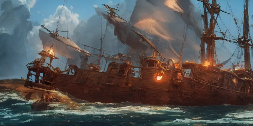 Image similar to a film still of pirate ship, medium shot, waist up, studio ghibli, pixar and disney animation, sharp, rendered in unreal engine 5, anime key art by greg rutkowski, bloom, dramatic lighting