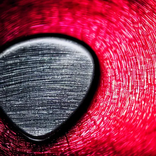 Prompt: Macro photo of a guitar pick that has red glowing fibers in it. Simple black background, high detail