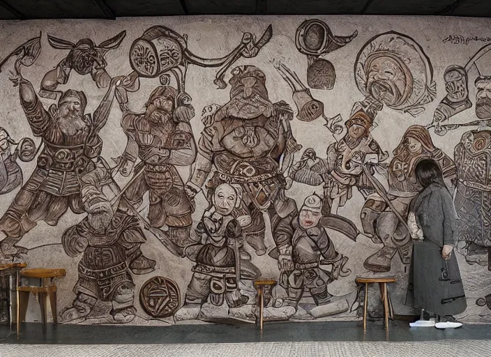 Prompt: dwarven mural depicting a family history of mountain dwarves. a large jewel is the focal point of the mural