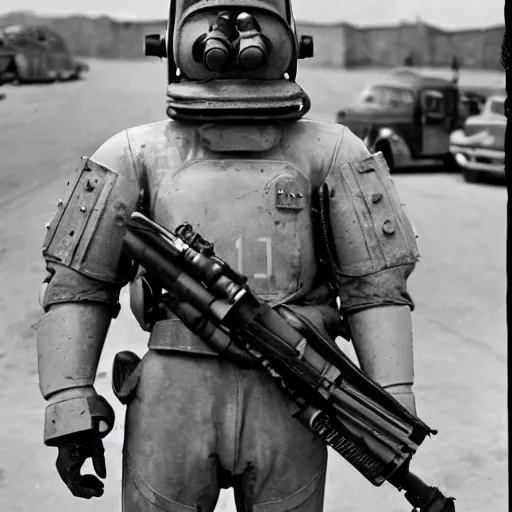 Image similar to war photography usa power armor 1 9 5 0 s