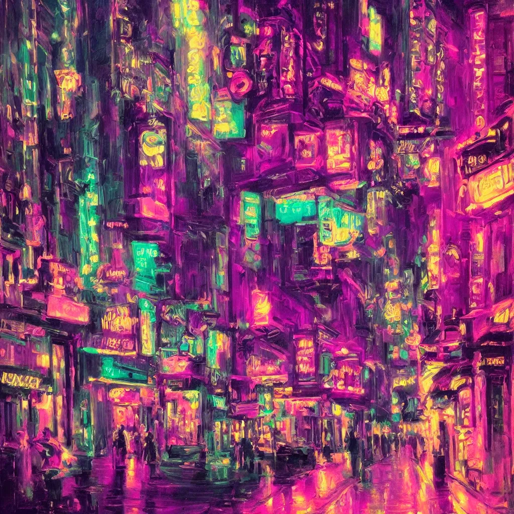 Prompt: a neon cityscape of purple in the style of delphin enjolras. night life. seedy. intricate. highly detailed.