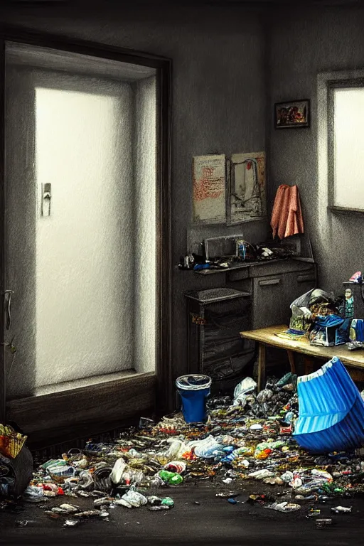 Prompt: room full of trash, from the door view to an image of a clean brightly lit room, realistic, intricate, gloomy, highly detailed, digital photograph, artstation, concept art, smooth, sharp focus, illustration, art by Ilja Repin