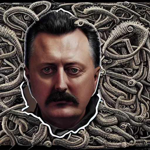 Image similar to igor ivanovich strelkov became an aggressive lovecraftian degenerate calling for total mobilization, photo - realistic, color image, 2 k, highly detailed, bodyhorror, occult art