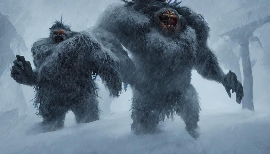Prompt: Shadow of a giant troll through a snowstorm, hyperdetailed, artstation, cgsociety, 8k