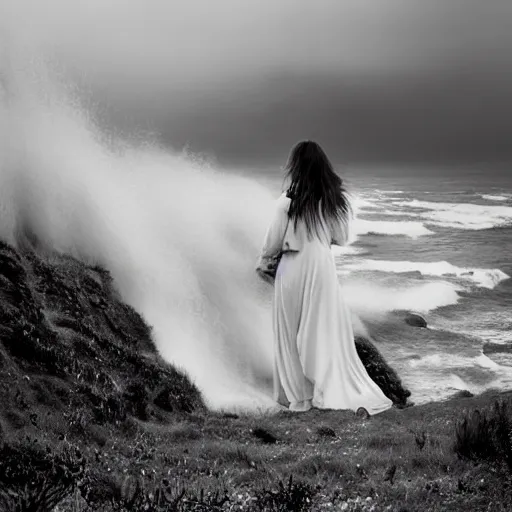 Prompt: dark and moody 1 9 7 0's artistic spaghetti western film in color, a woman in a giant billowy wide long flowing waving white dress transforming into sea spray, standing inside a green mossy irish rocky scenic landscape, crashing waves and sea foam, volumetric lighting, backlit, moody, atmospheric, fog, extremely windy, soft focus