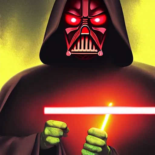 Image similar to sith hulk with dark robe and yellow glowing eyes, green lightning, digital art