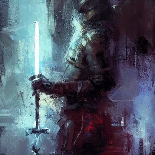 Image similar to knight holds sword made of lightning sparks everywhere, realistic, ultrahd, jeremy mann painting