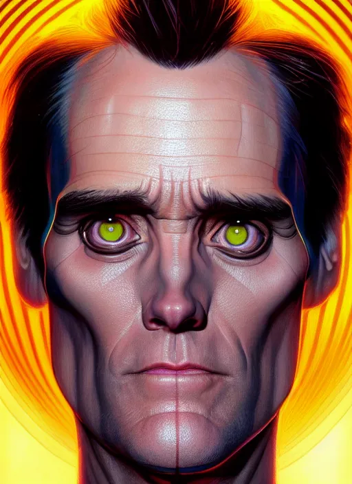 Image similar to symmetry portrait of jim carrey, sci - fi, tech wear, glowing lights, intricate, elegant, highly detailed, digital painting, artstation, concept art, smooth, sharp focus, illustration, art by artgerm and greg rutkowski and alphonse mucha