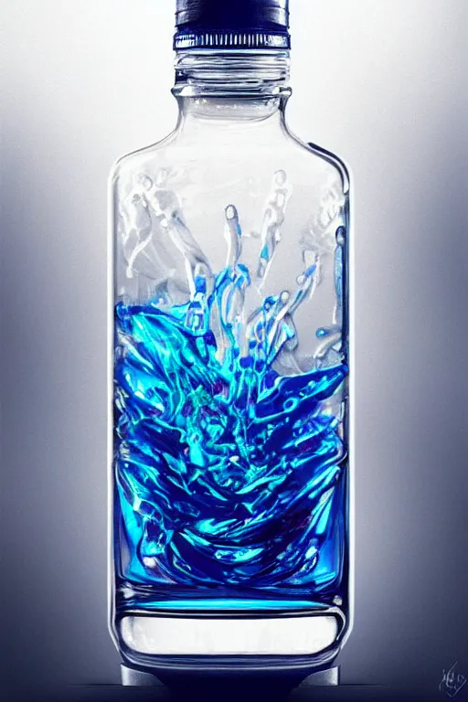 Image similar to concept art of a rolex liquid dietary supplement in a transparent bottle filled with blue magenta iridescent liquid, by aenaluck, artgerm and roberto ferri and greg rutkowski, black and white tones, white background, digital painting, artstation, concept art, smooth, sharp foccus ilustration hq