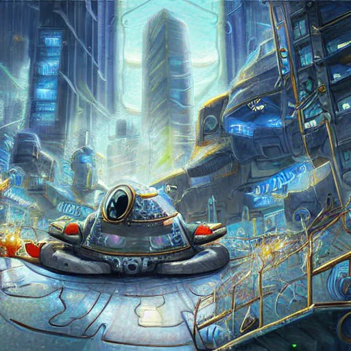 Image similar to a persian cat in a robot city, highly detailed, digital painting, sharp focus, fantasy art