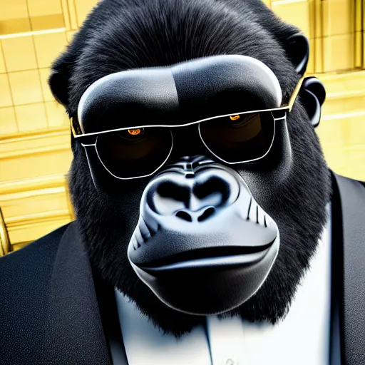 Image similar to a gorilla wearing a nice tuxedo, wearing shades and wearing gold chains, photorealistic, 8 k, unreal engine 6, highly detailed, coherent,