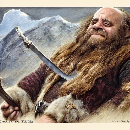 Image similar to danny devito as gimli, by alan lee, lord of the rings calendar, smooth, detailed terrain, oil painting, matte painting, concept art, trending on artstation