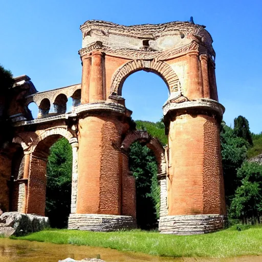 Prompt: a roman aqueduct that looks like a sea serpent