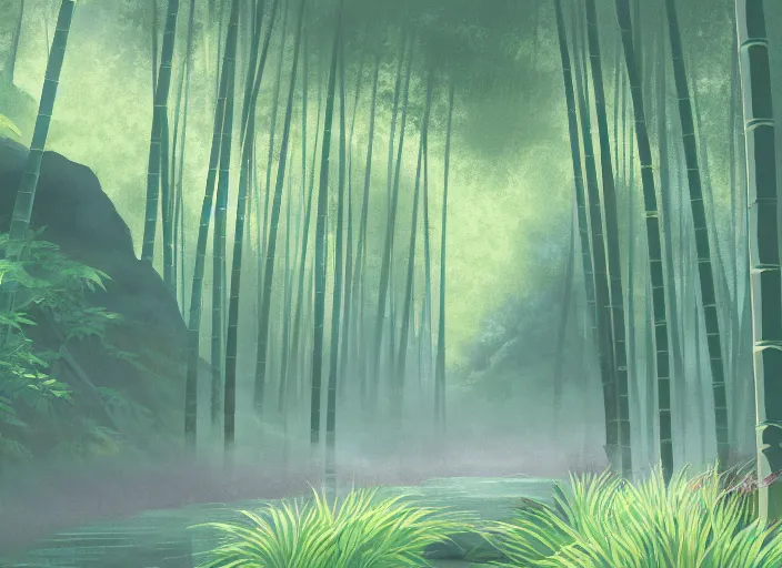 Image similar to deep in a misty japanese bamboo forest, small river, mountain background, sunny, cartoony, 9 0 s anime style, soft, moody lighting, by ghibli studio, makoto shinkai, toei animation, studio trigger, trending on artstation, 4 k, hd