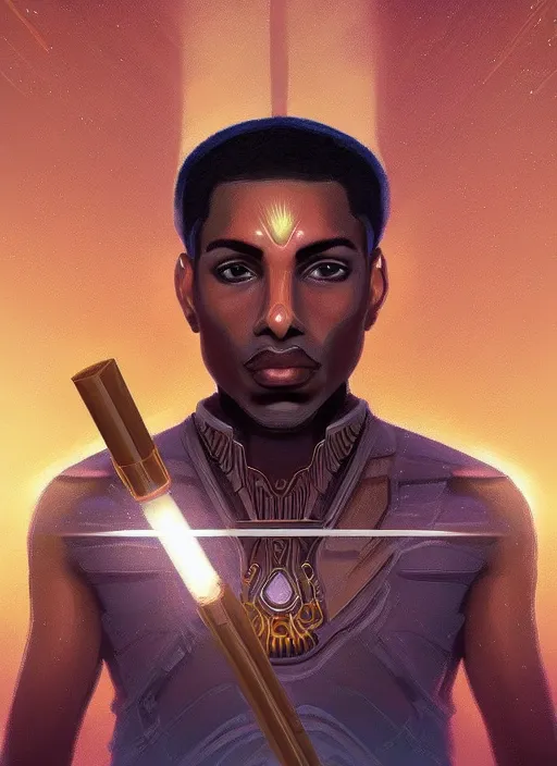 Image similar to symmetry!! brown skin man egyptian prince holding scepter of power, solid cube of light, hard edges, product render retro - futuristic poster scifi, lasers coming from eyes, brown skin man egyptian prince, intricate, elegant, highly detailed, digital painting, artstation, concept art, smooth, sharp focus, illustration, dreamlike, art by artgerm