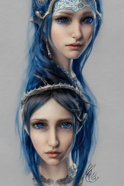 Prompt: hyperrealistic detailed portrait of a female elf, cleric, fantasy, D&D, black hair, blue eyeball, blue jewellery, soft features, elegant, artstation, intricate details, tarot card, cinematic, vibrant
