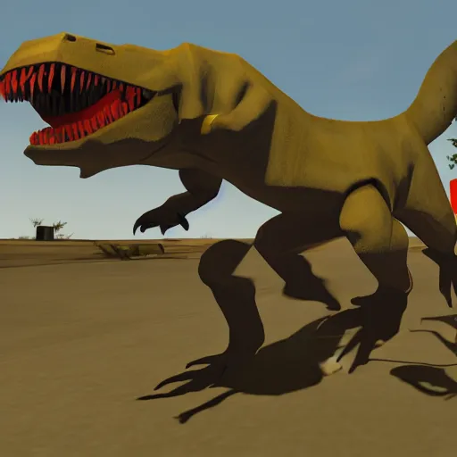 Image similar to t - rex chasing a small rat in team fortress 2 style