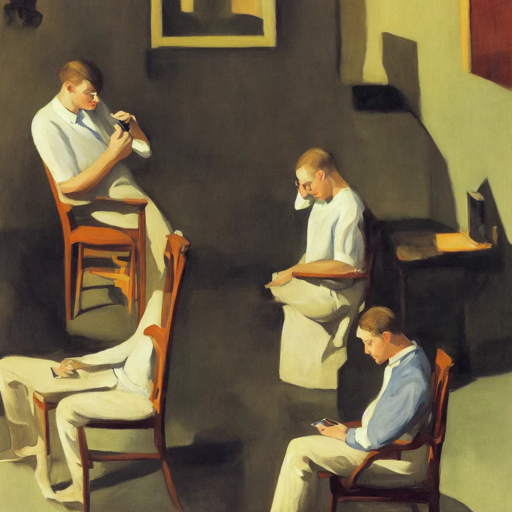 Image similar to i, a portrait of a young man sitting on a chair playing his iphone, by edward hopper