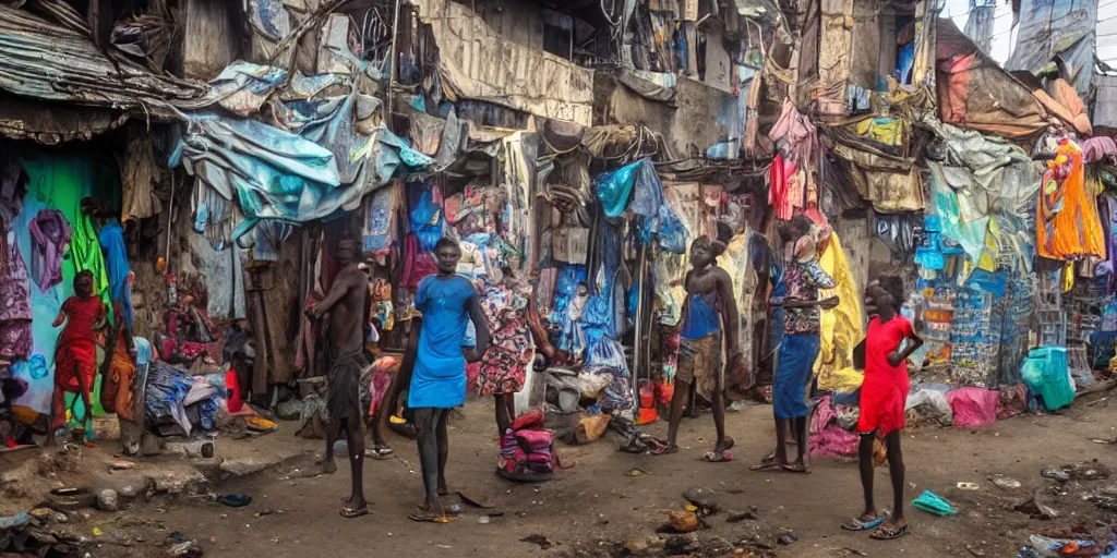 Prompt: lUFO in Ajegunle slums of lagos beaming neon rays of light,