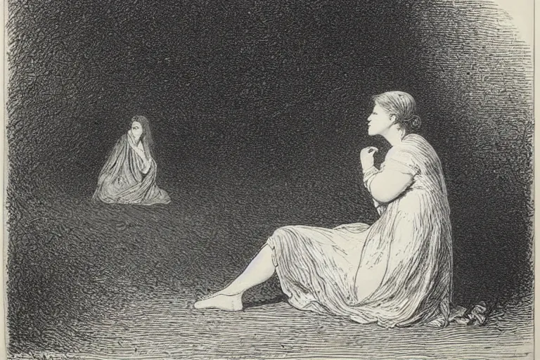 Image similar to black and white, young french woman sitting in the park at midnight, Gustave Dore lithography