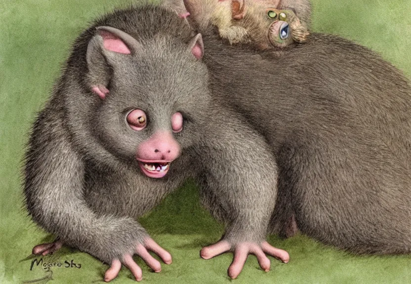 Image similar to possum monster in the wild, colorized, high detail, by Maurice Sendak