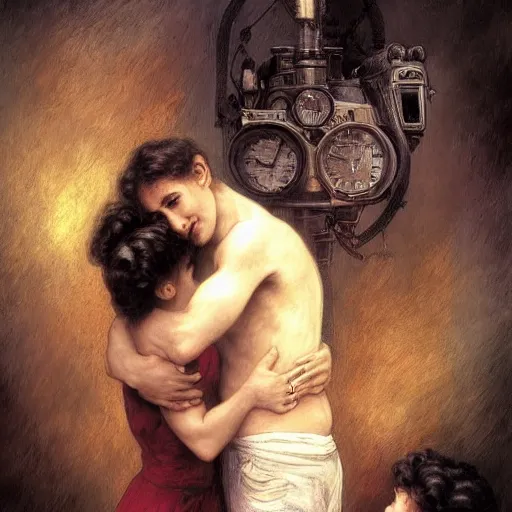 Image similar to tight hug between a couple, while they are watching TV, black and white color scheme, HD, in focus, Regal, Realistic, Refined, Detailed Digital Art, Josephine wall, Oil Painting, William-Adolphe Bouguereau, Art Frahm, Esao Andrews, Steampunk, Walt Disney (1937), Highly Detailed, Cinematic Lighting, Unreal Engine, 8k, HD