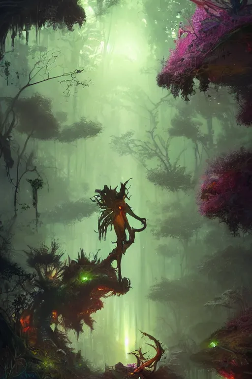 Prompt: in the forest of planet Pandora at night with luminous vegetation. full of colour, cinematic lighting, battered, trending on artstation, 4k, hyperrealistic, focused, extreme details,unreal engine 5, cinematic, masterpiece, art by Peter Mohrbacher